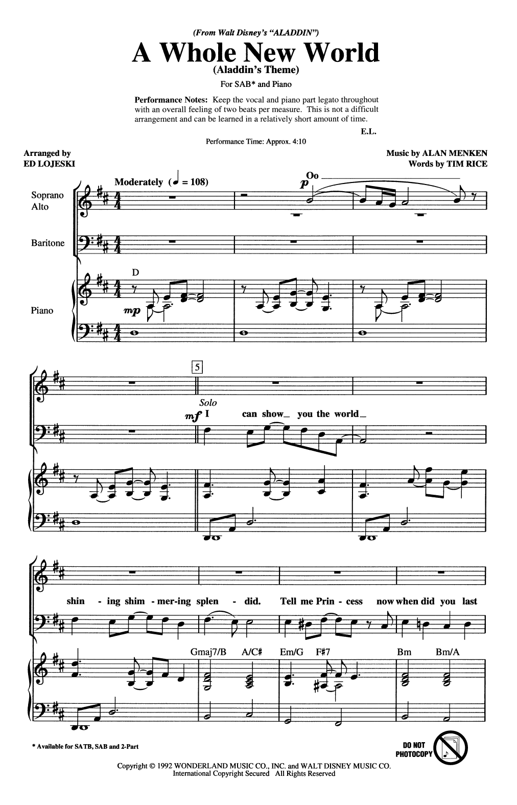 Download Alan Menken A Whole New World (Aladdin's Theme) (from Disney's Aladdin) (arr. Ed Lojeski) Sheet Music and learn how to play SAB Choir PDF digital score in minutes
