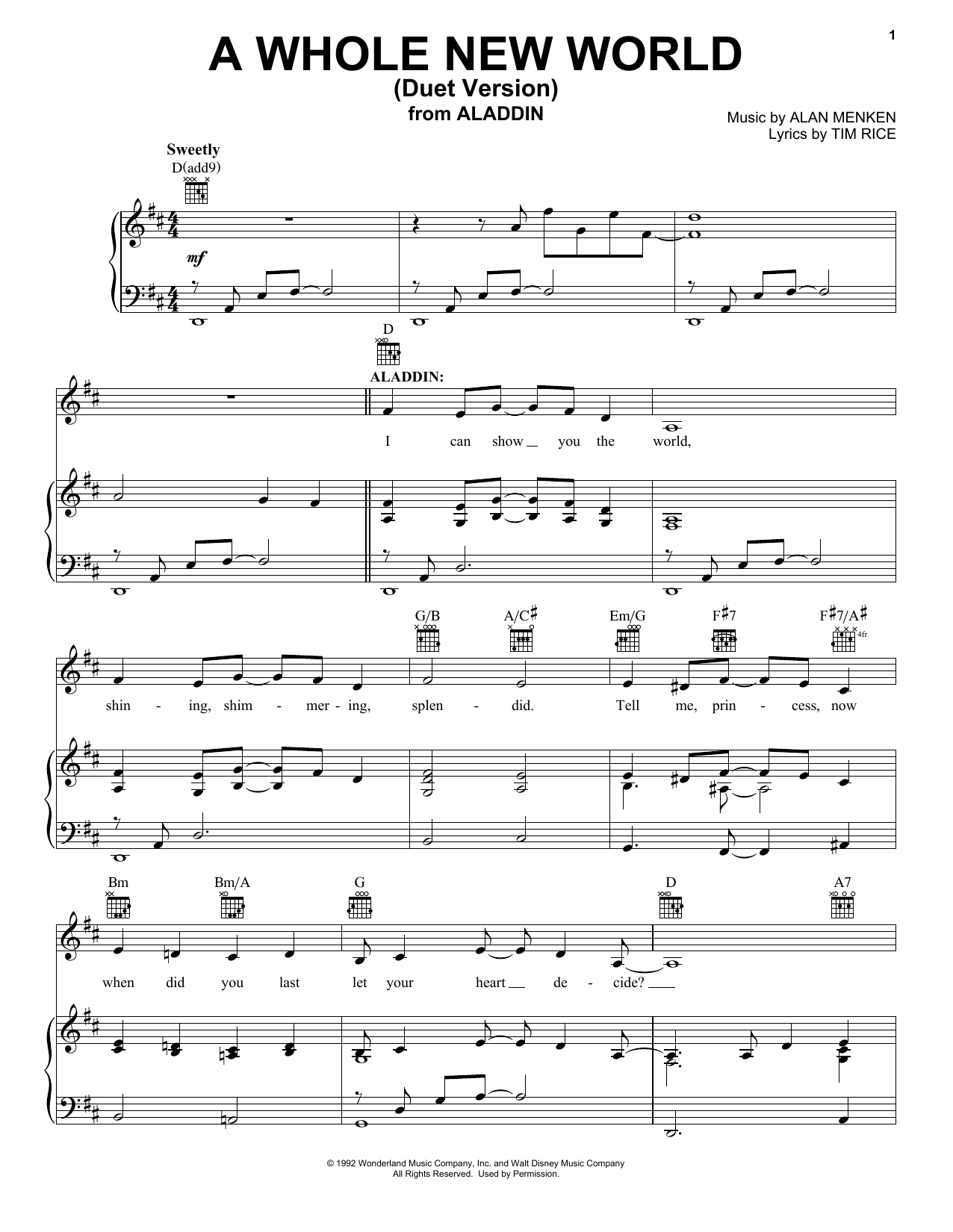Download Alan Menken A Whole New World (Duet Version) (from Aladdin) Sheet Music and learn how to play Piano, Vocal & Guitar Chords (Right-Hand Melody) PDF digital score in minutes