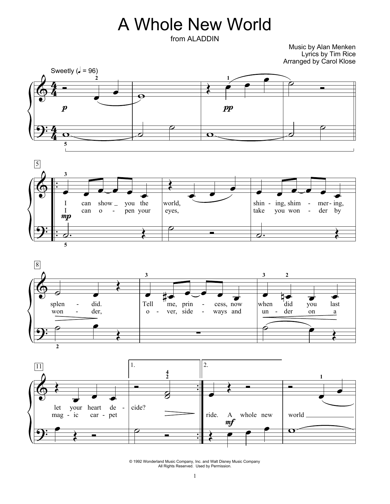 Download Alan Menken A Whole New World (from Aladdin) Sheet Music and learn how to play Easy Piano PDF digital score in minutes