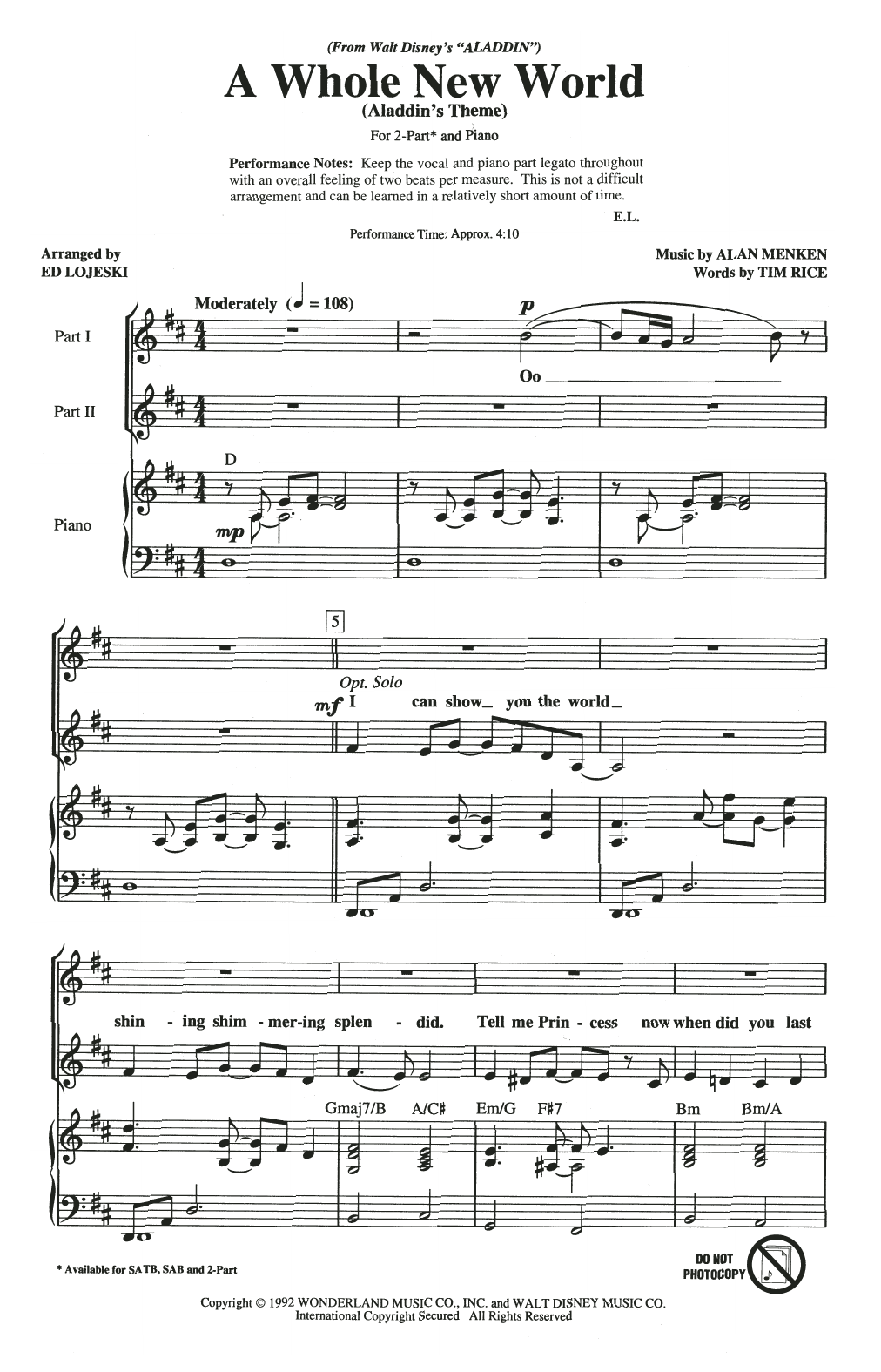 Download Alan Menken A Whole New World (Aladdin's Theme) (from Disney's Aladdin) (arr. Ed Lojeski) Sheet Music and learn how to play 2-Part Choir PDF digital score in minutes