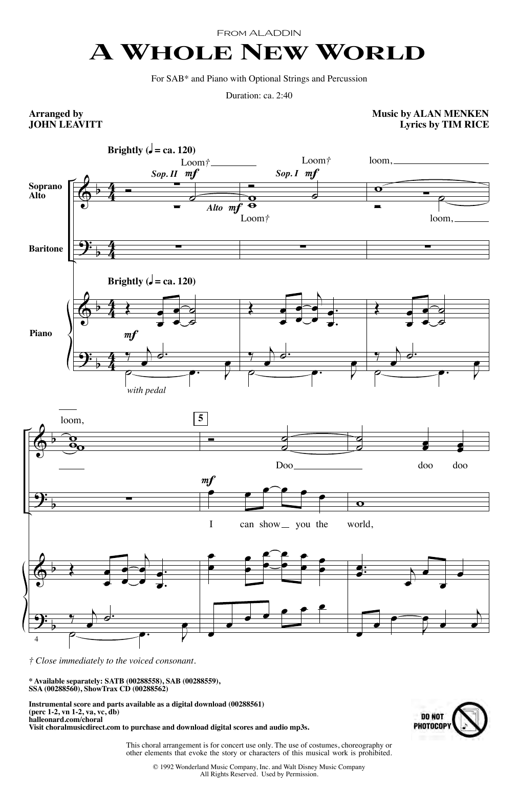 Download Alan Menken A Whole New World (from Aladdin) (arr. John Leavitt) Sheet Music and learn how to play SAB Choir PDF digital score in minutes