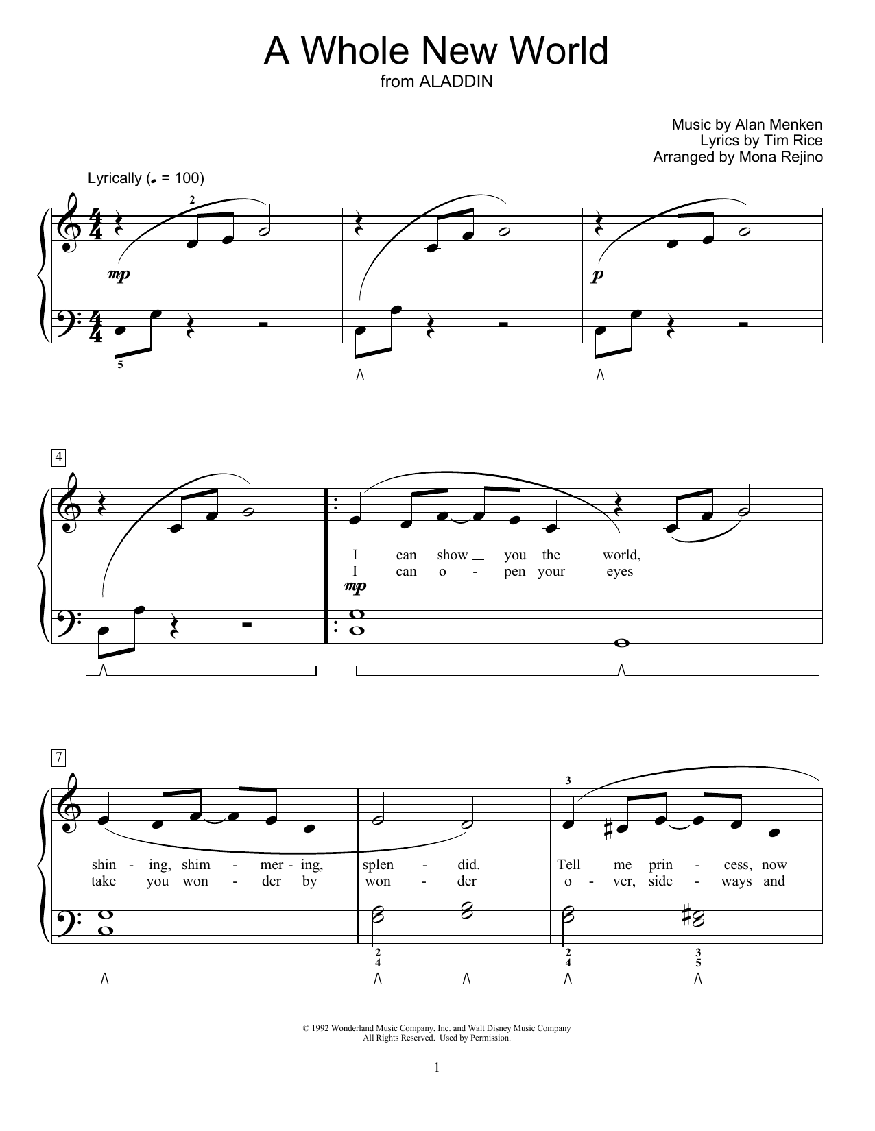 Download Alan Menken A Whole New World (from Aladdin) (arr. Mona Rejino) Sheet Music and learn how to play Educational Piano PDF digital score in minutes