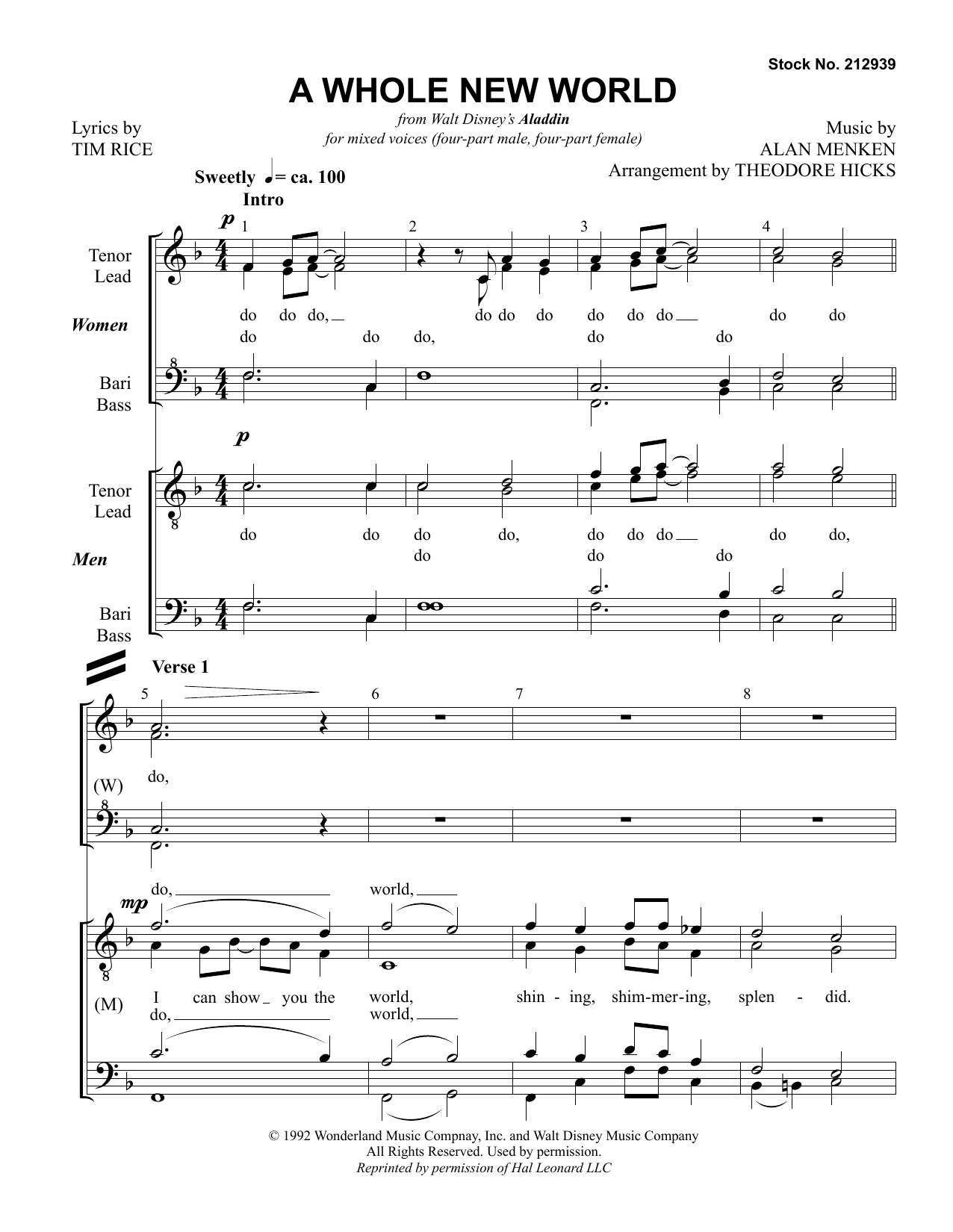 Download Alan Menken A Whole New World (from Aladdin) (arr. Theo Hicks) Sheet Music and learn how to play SSAATTBB Choir PDF digital score in minutes
