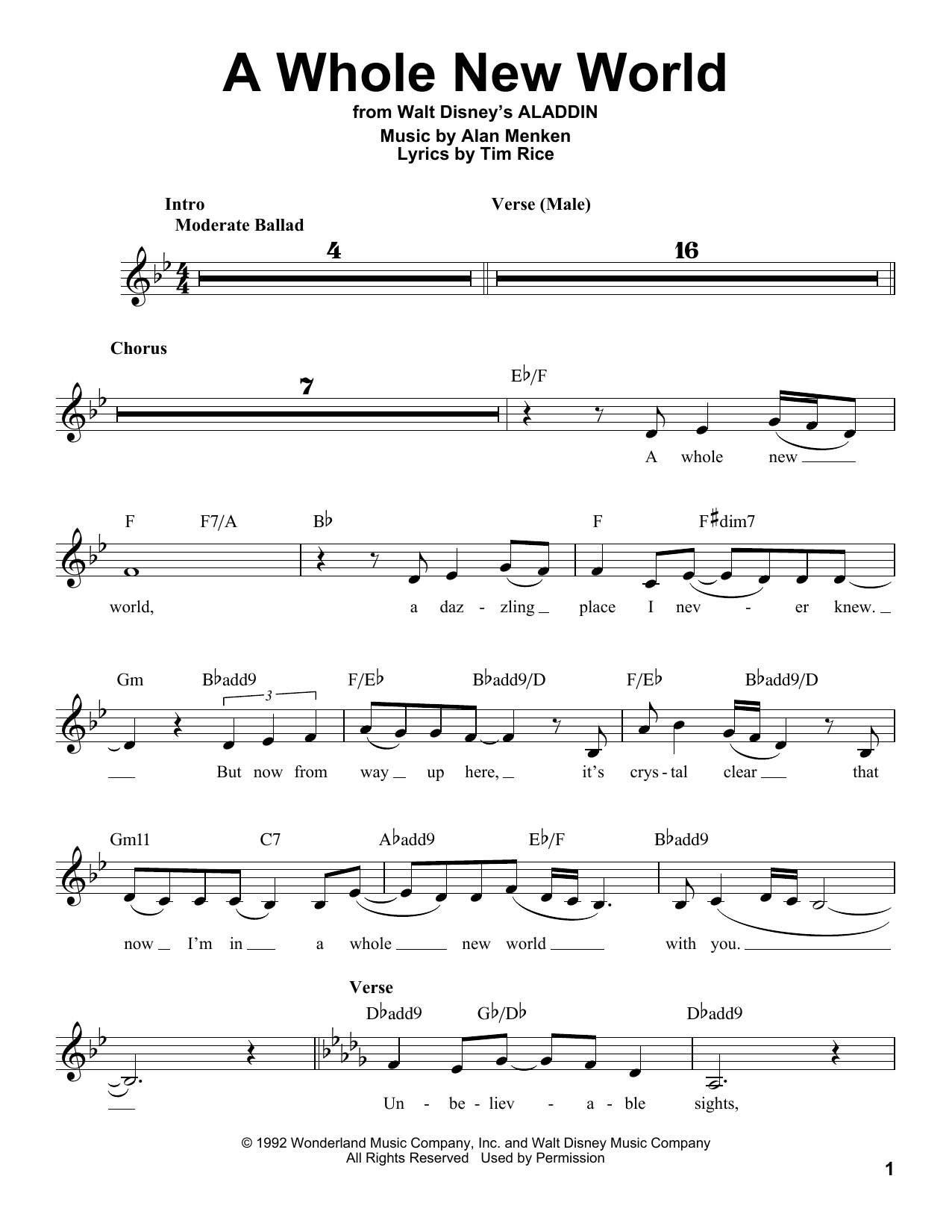 Download Alan Menken A Whole New World Sheet Music and learn how to play Voice PDF digital score in minutes
