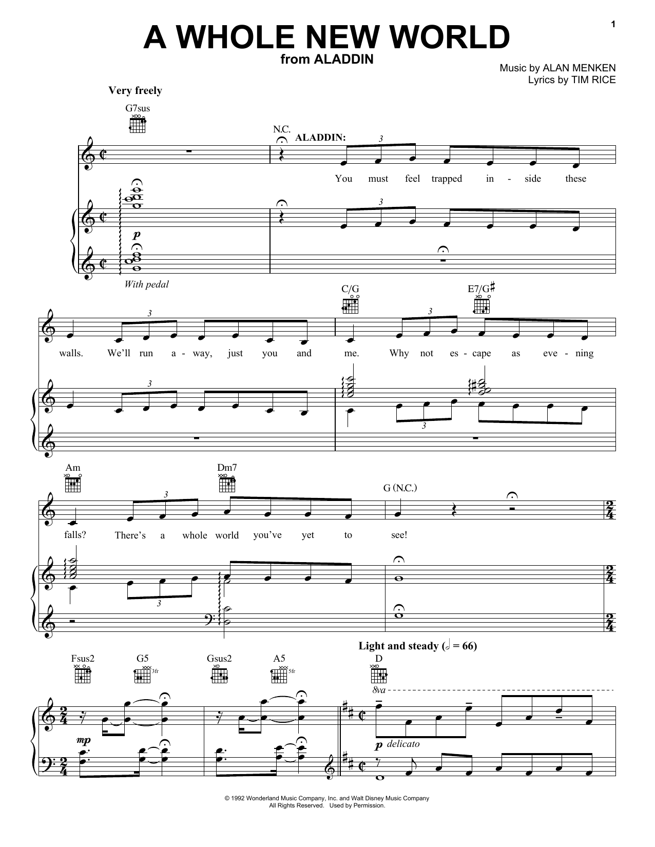 Download Alan Menken A Whole New World (from Aladdin) Sheet Music and learn how to play Easy Piano PDF digital score in minutes