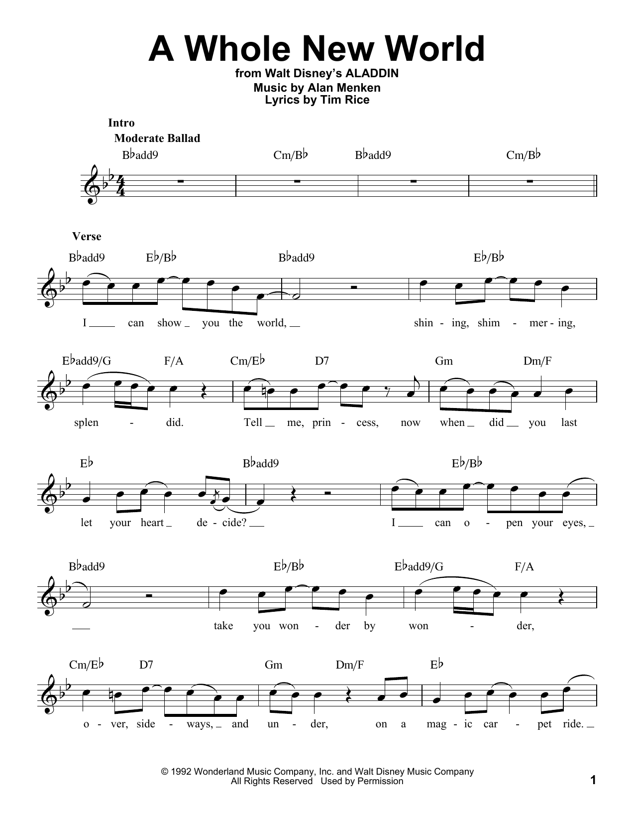 Download Alan Menken A Whole New World Sheet Music and learn how to play Voice PDF digital score in minutes