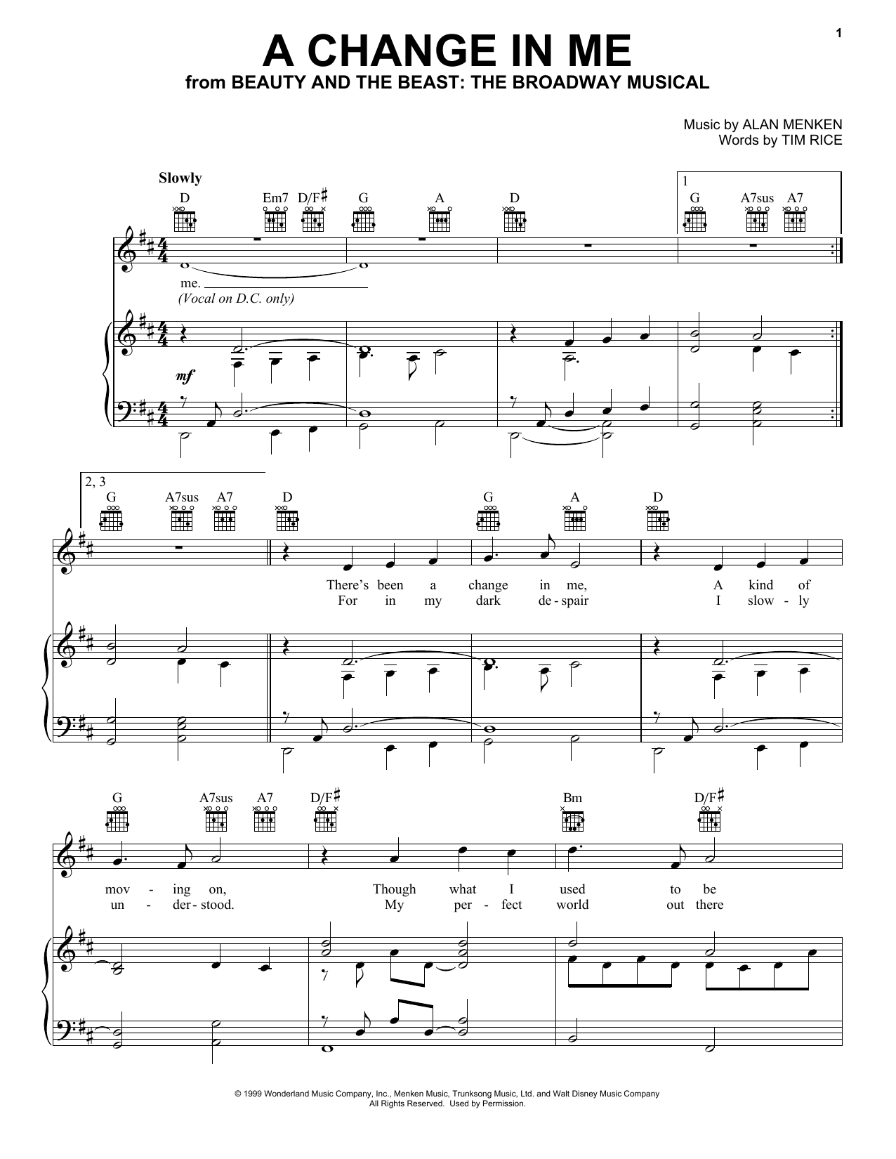 Download Alan Menken A Change In Me Sheet Music and learn how to play Piano, Vocal & Guitar (Right-Hand Melody) PDF digital score in minutes