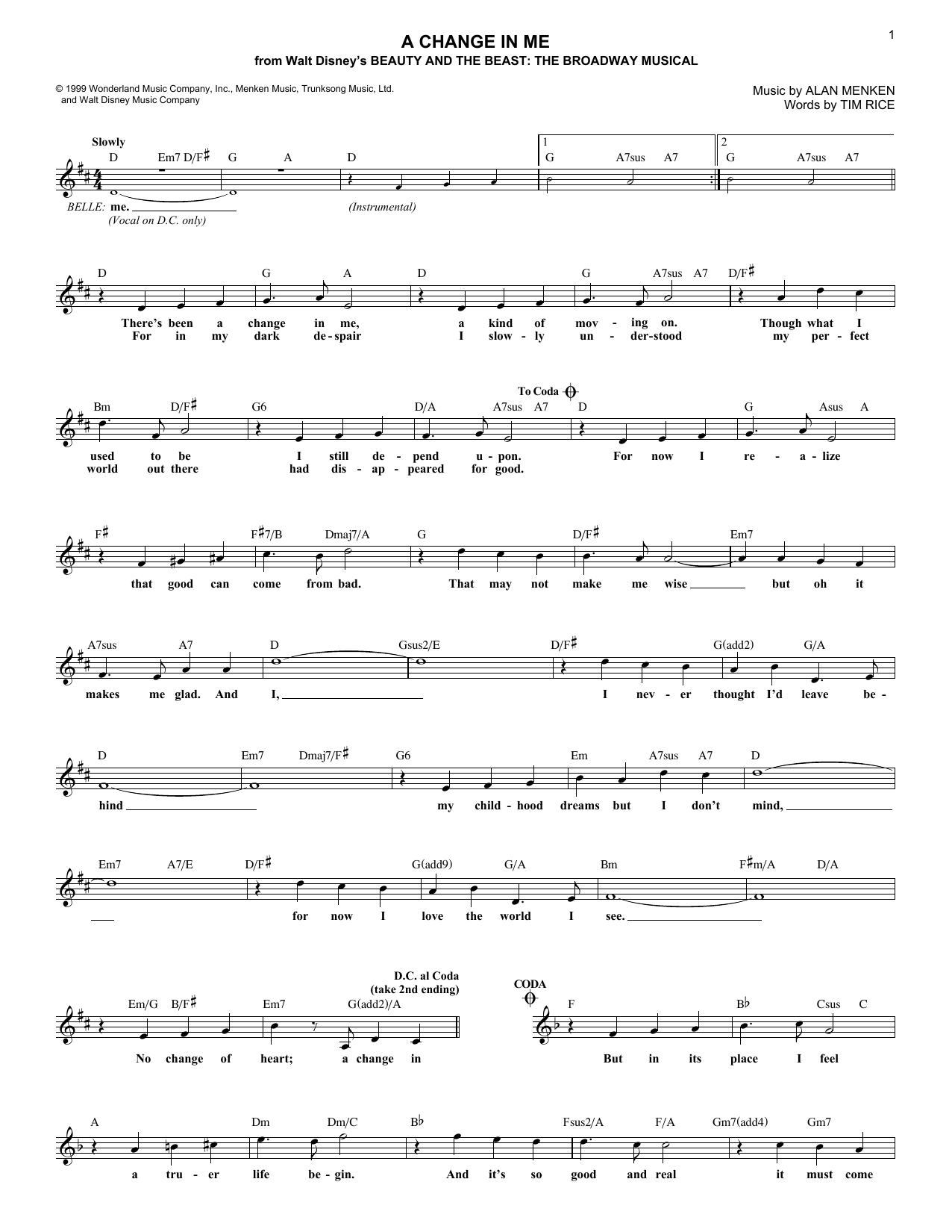 Download Alan Menken A Change In Me Sheet Music and learn how to play Melody Line, Lyrics & Chords PDF digital score in minutes