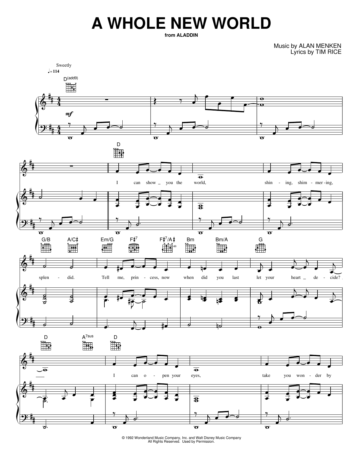 Download Alan Menken A Whole New World Sheet Music and learn how to play Piano, Vocal & Guitar Chords (Right-Hand Melody) PDF digital score in minutes