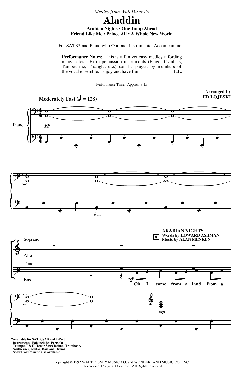 Download Alan Menken Aladdin (Medley) (from Disney's Aladdin) (arr. Ed Lojeski) Sheet Music and learn how to play SAB Choir PDF digital score in minutes