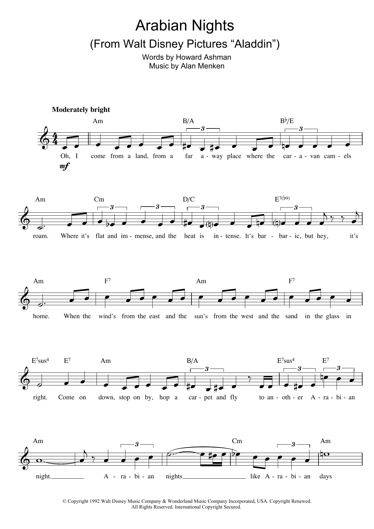 Download Alan Menken Arabian Nights (from Aladdin) Sheet Music and learn how to play Melody Line, Lyrics & Chords PDF digital score in minutes
