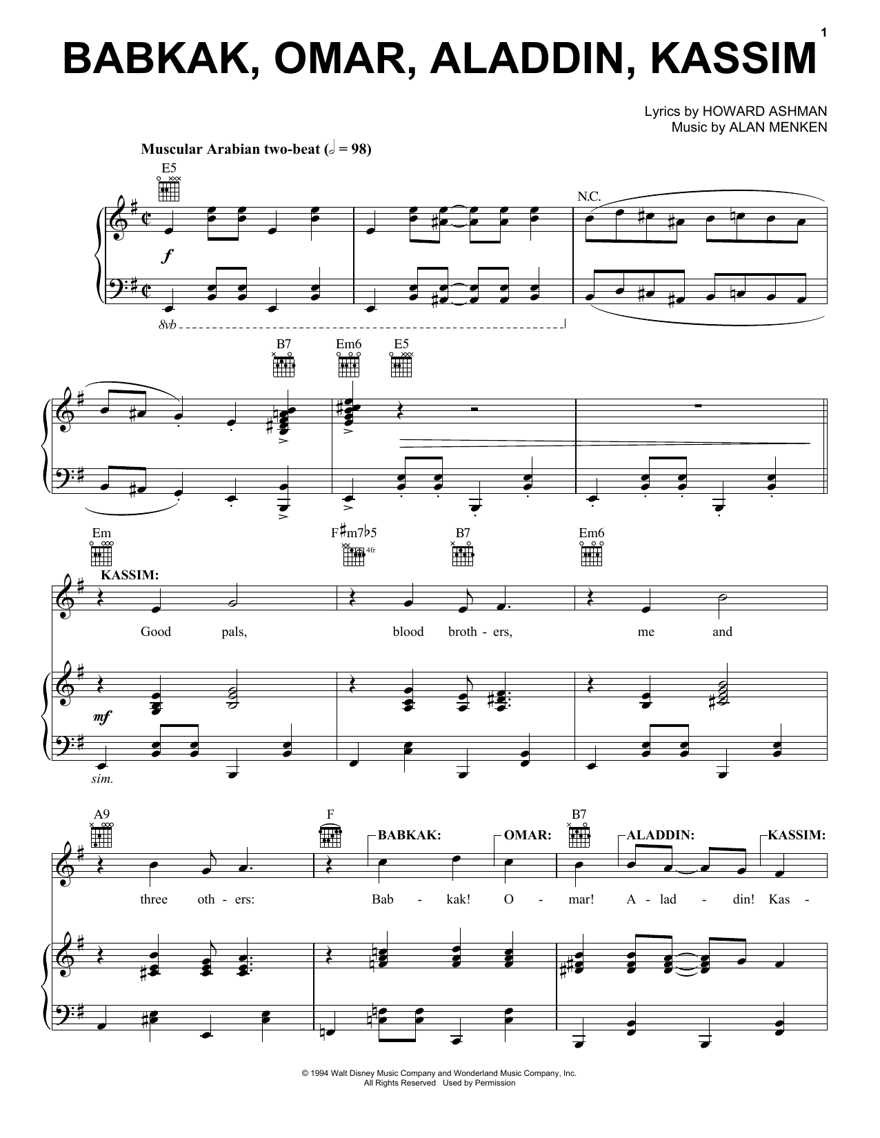 Download Alan Menken Babkak, Omar, Aladdin, Kassim (from Aladdin) Sheet Music and learn how to play Piano, Vocal & Guitar (Right-Hand Melody) PDF digital score in minutes