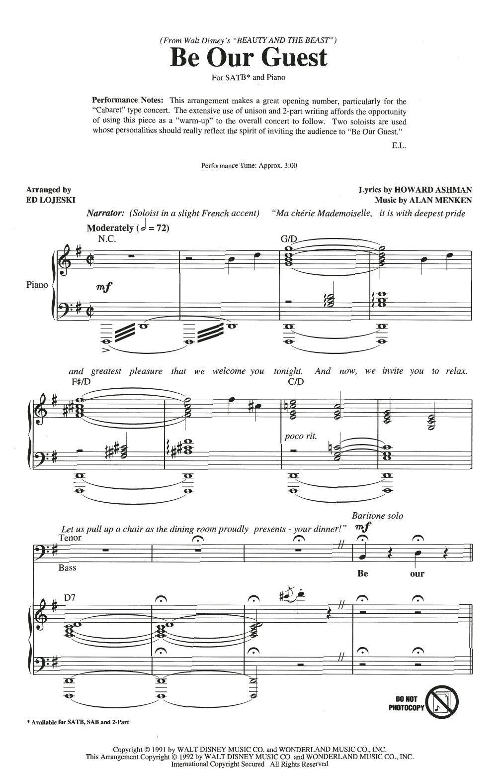 Download Alan Menken Be Our Guest (from Beauty And The Beast) (arr. Ed Lojeski) Sheet Music and learn how to play SATB Choir PDF digital score in minutes