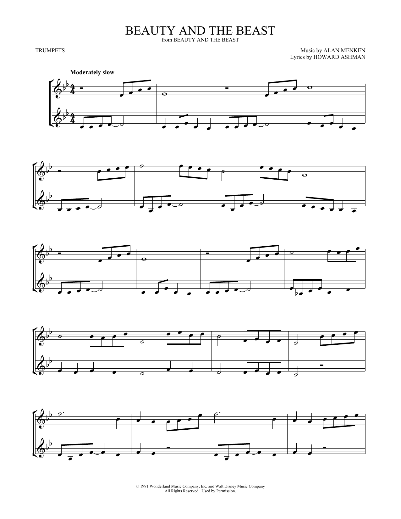 Download Celine Dion & Peabo Bryson Beauty And The Beast (arr. Mark Phillips) Sheet Music and learn how to play Trumpet Duet PDF digital score in minutes