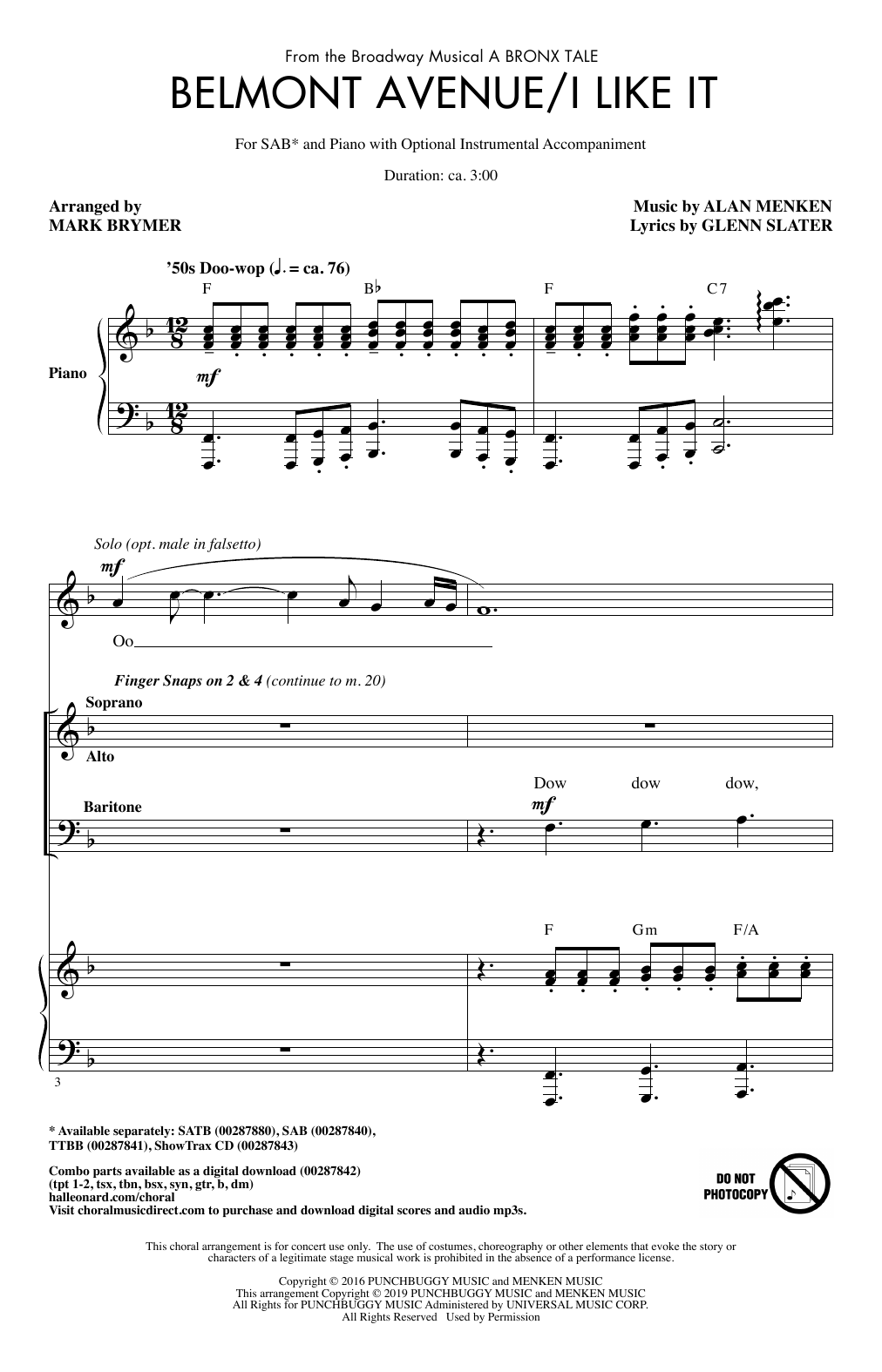 Download Alan Menken Belmont Avenue/I Like It (from A Bronx Tale) (arr. Mark Brymer) Sheet Music and learn how to play TTBB Choir PDF digital score in minutes
