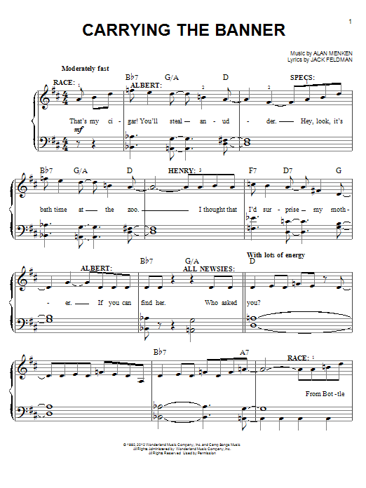 Download Alan Menken Carrying The Banner (from Newsies) Sheet Music and learn how to play Easy Piano PDF digital score in minutes