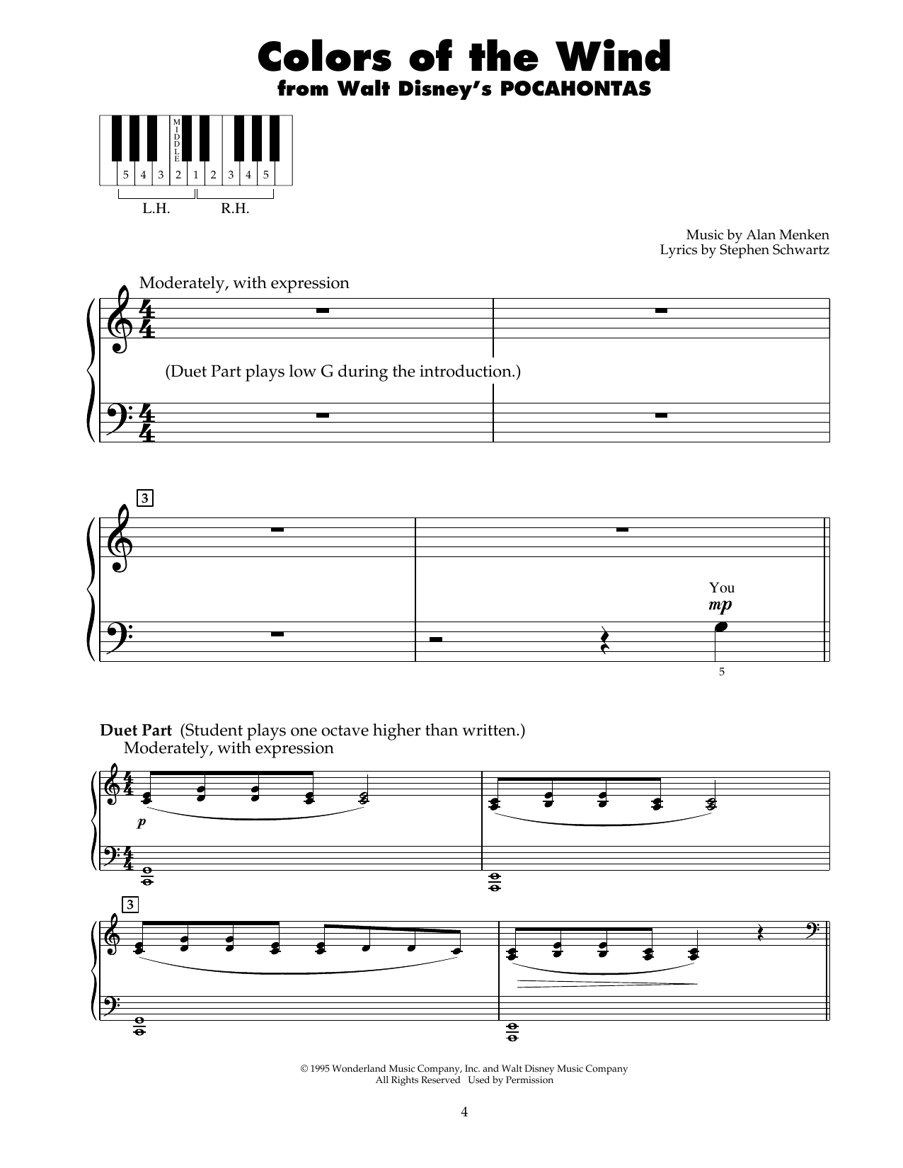 Download Alan Menken Colors Of The Wind Sheet Music and learn how to play 5-Finger Piano PDF digital score in minutes