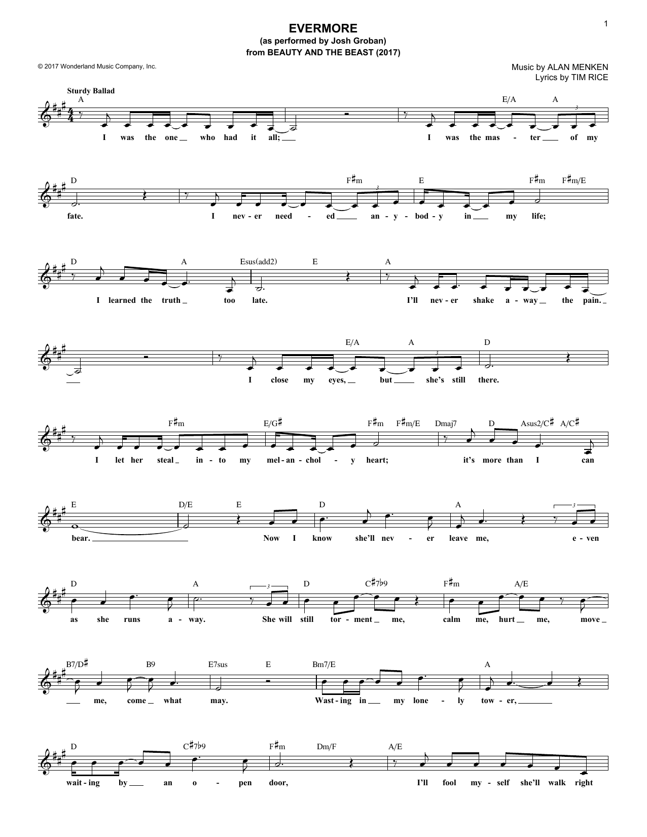 Download Alan Menken Evermore (from Beauty And The Beast) (2017) Sheet Music and learn how to play Lead Sheet / Fake Book PDF digital score in minutes