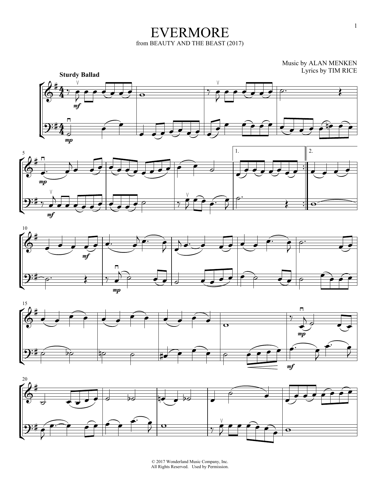 Download Alan Menken Evermore (from Beauty And The Beast) (arr. Michelle Hynson) Sheet Music and learn how to play Instrumental Duet PDF digital score in minutes
