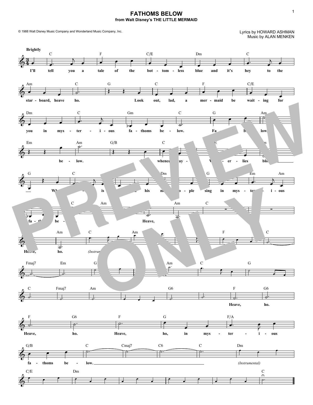 Download Alan Menken Fathoms Below Sheet Music and learn how to play Melody Line, Lyrics & Chords PDF digital score in minutes