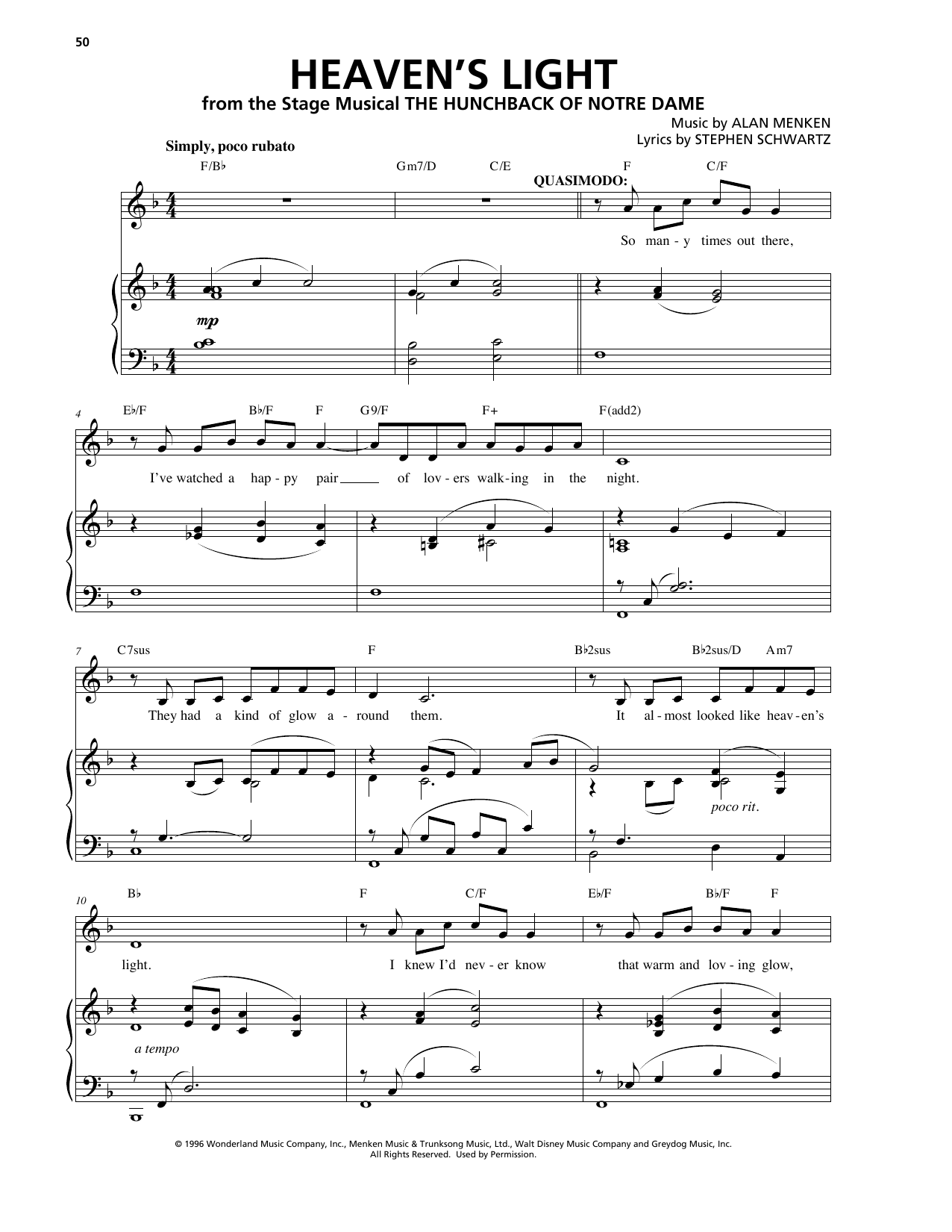 Download Alan Menken Heaven's Light Sheet Music and learn how to play Piano & Vocal PDF digital score in minutes