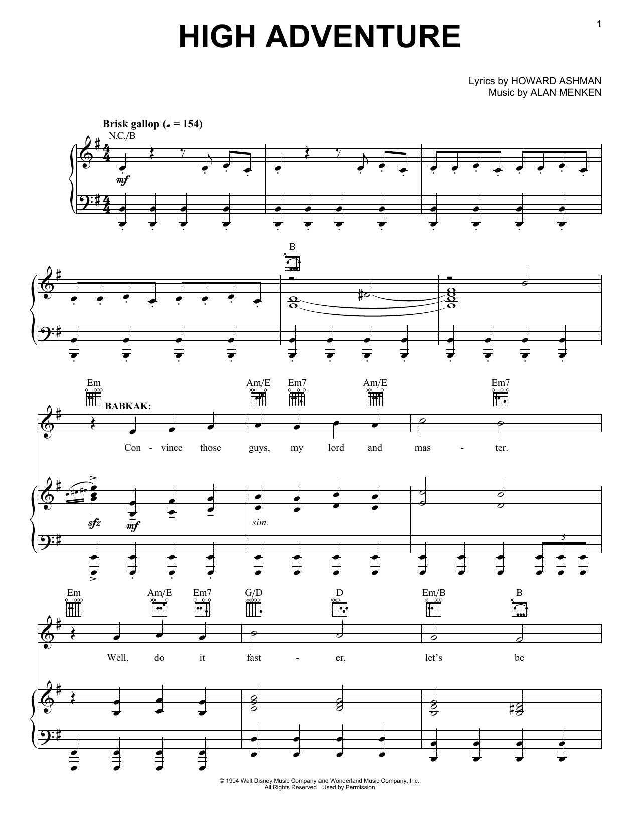Download Alan Menken High Adventure Sheet Music and learn how to play Piano, Vocal & Guitar (Right-Hand Melody) PDF digital score in minutes