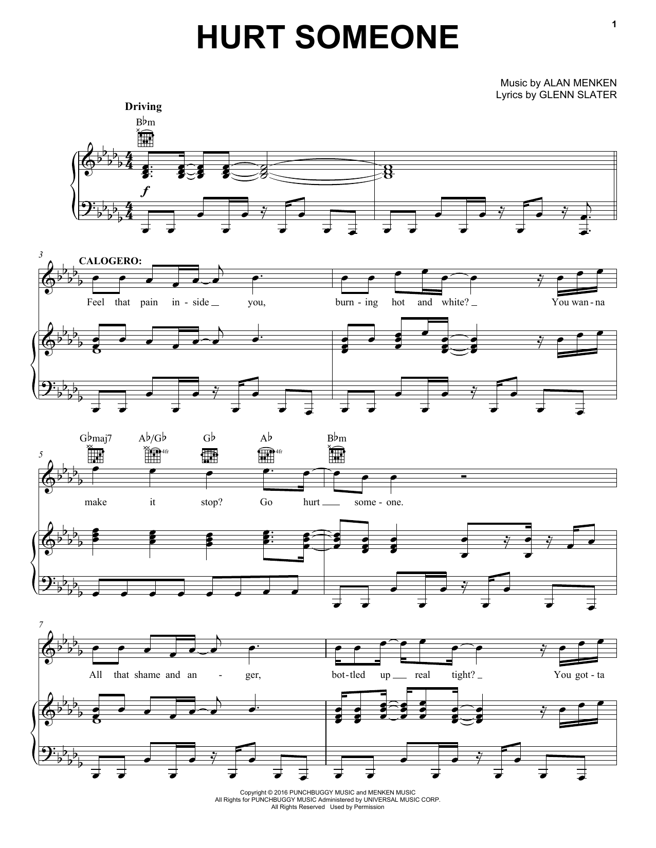 Download Alan Menken Hurt Someone Sheet Music and learn how to play Piano, Vocal & Guitar (Right-Hand Melody) PDF digital score in minutes
