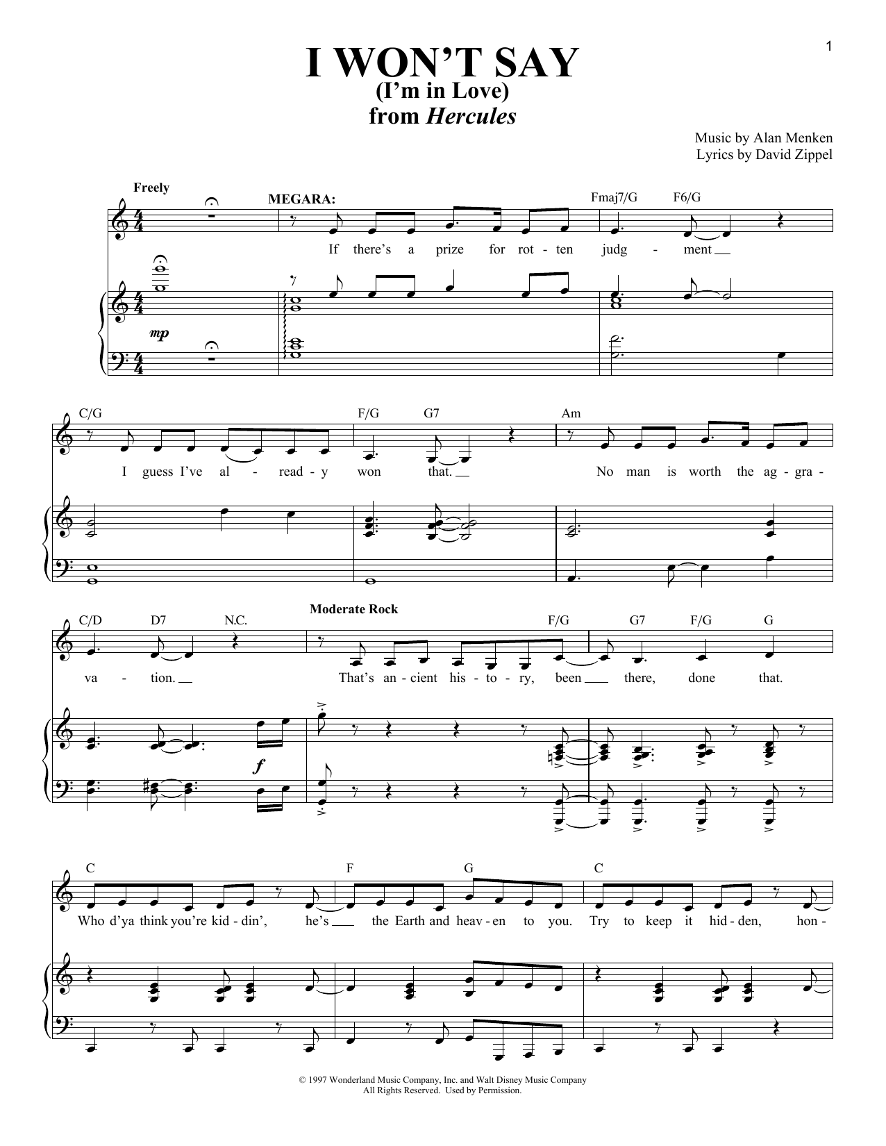 Download Alan Menken I Won't Say (I'm In Love) Sheet Music and learn how to play Easy Piano PDF digital score in minutes
