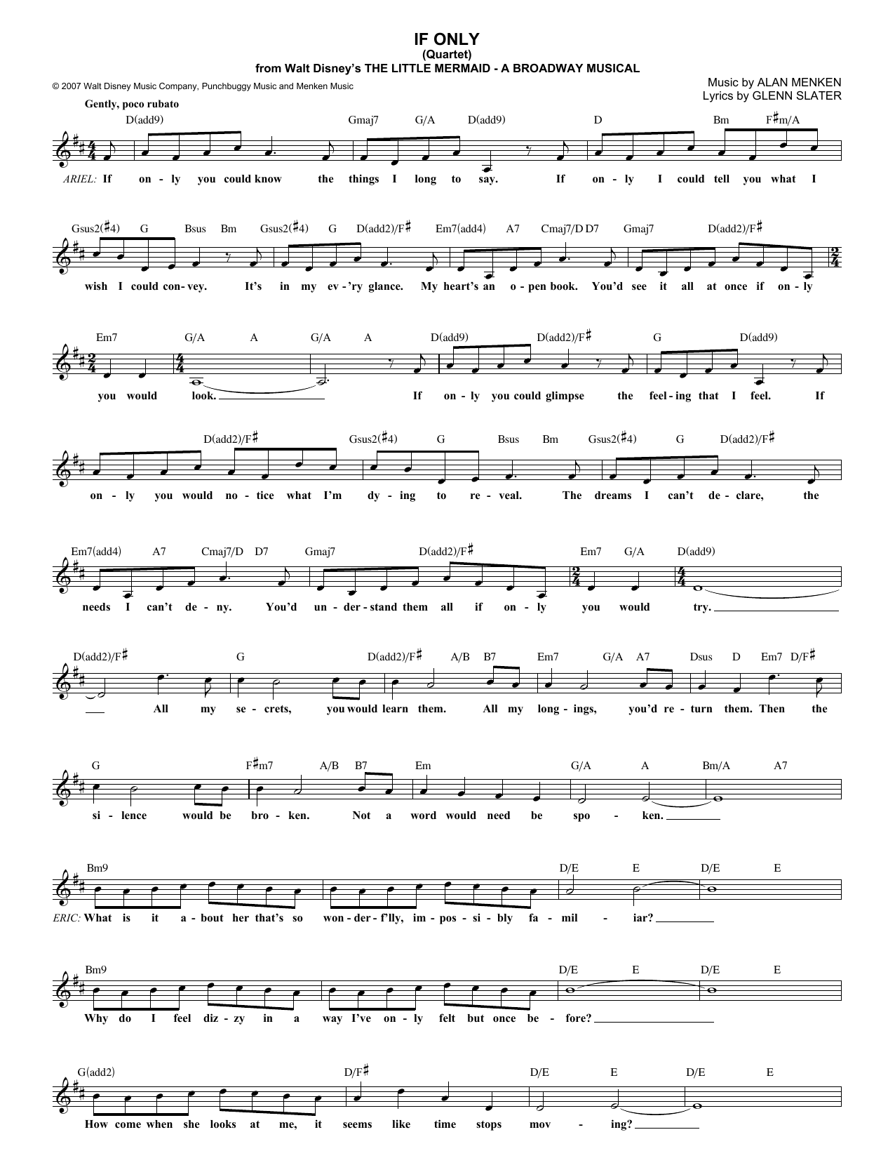 Download Alan Menken If Only (Quartet) Sheet Music and learn how to play Melody Line, Lyrics & Chords PDF digital score in minutes