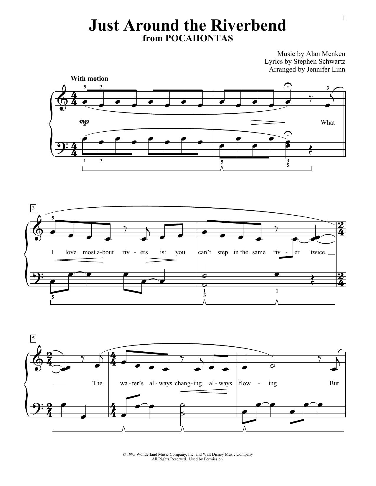 Download Alan Menken Just Around The Riverbend (from Pocahontas) (arr. Jennifer Linn) Sheet Music and learn how to play Educational Piano PDF digital score in minutes