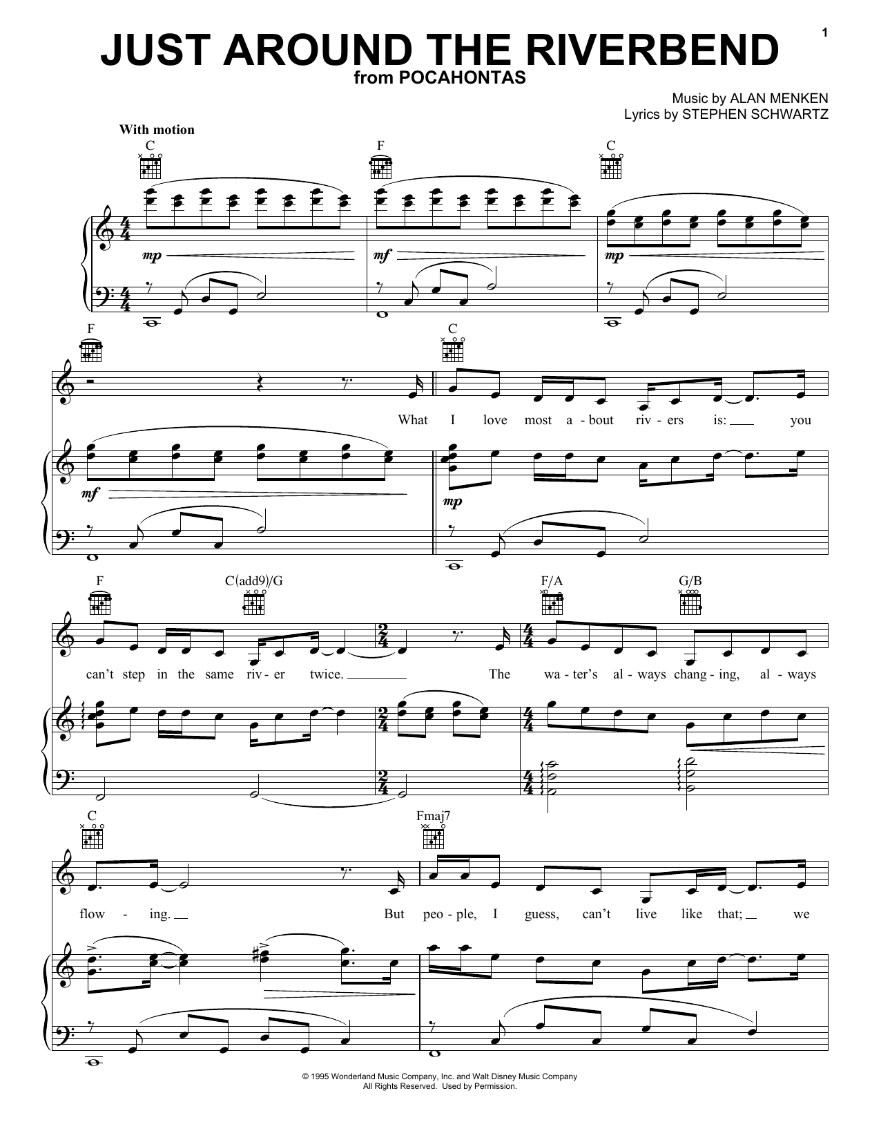 Download Alan Menken Just Around The Riverbend (from Pocahontas) Sheet Music and learn how to play Easy Piano PDF digital score in minutes