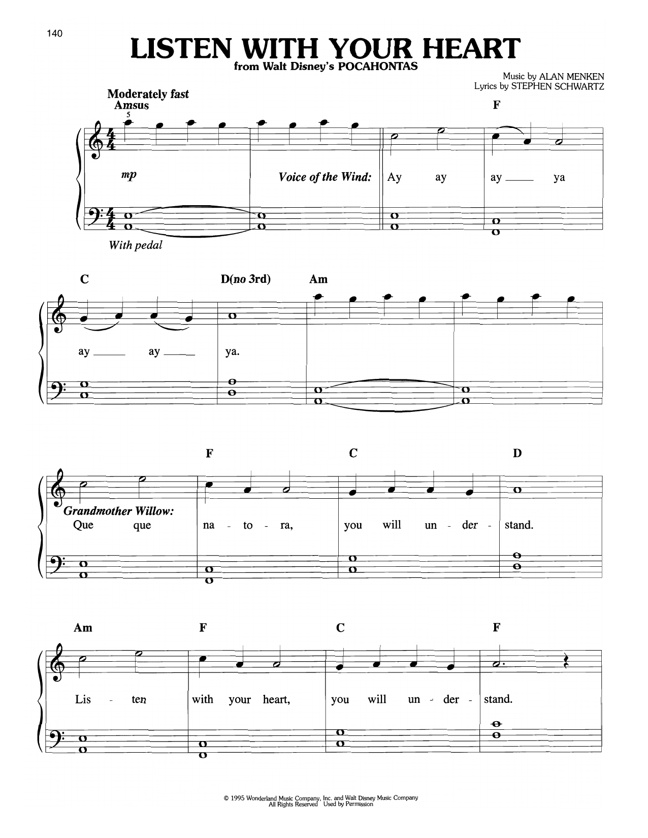 Download Alan Menken Listen With Your Heart (from Pocahontas) Sheet Music and learn how to play Easy Piano PDF digital score in minutes