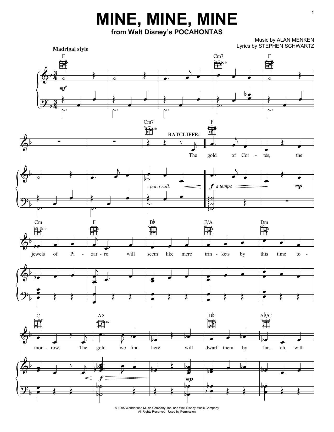 Download Alan Menken Mine, Mine, Mine Sheet Music and learn how to play Piano, Vocal & Guitar (Right-Hand Melody) PDF digital score in minutes