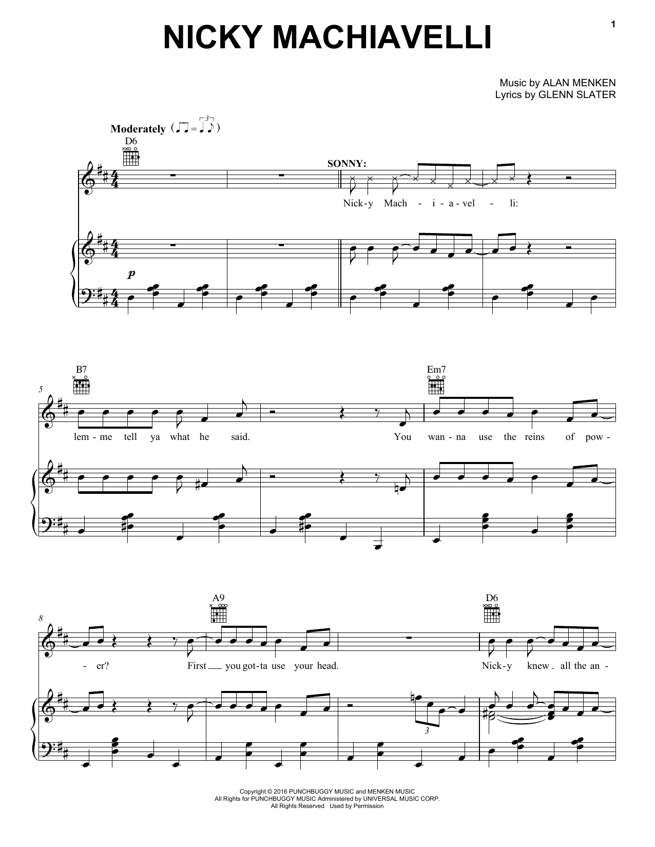 Download Alan Menken Nicky Machiavelli Sheet Music and learn how to play Piano, Vocal & Guitar (Right-Hand Melody) PDF digital score in minutes