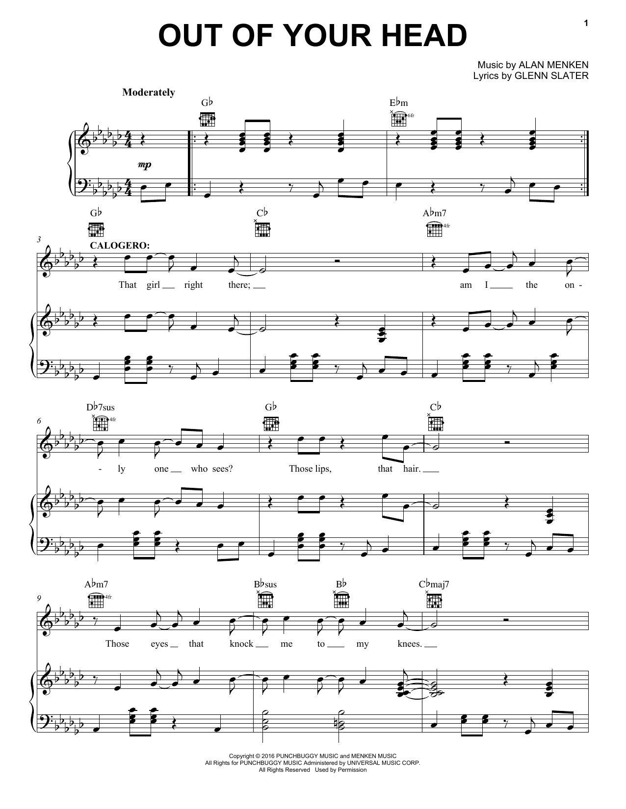 Download Alan Menken Out Of Your Head Sheet Music and learn how to play Piano, Vocal & Guitar (Right-Hand Melody) PDF digital score in minutes