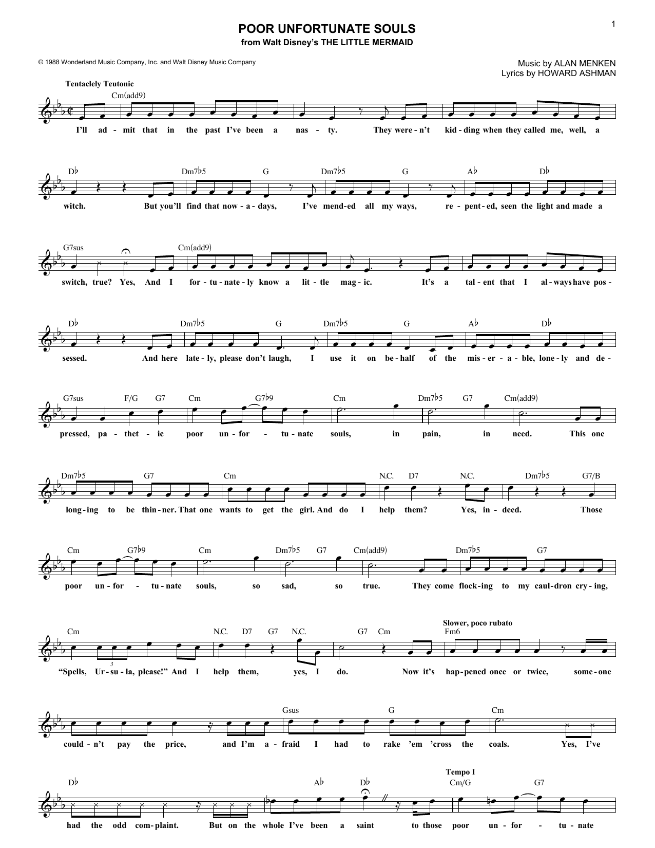 Download Howard Ashman Poor Unfortunate Souls Sheet Music and learn how to play Melody Line, Lyrics & Chords PDF digital score in minutes