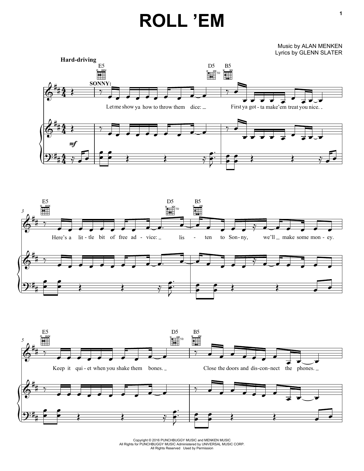 Download Alan Menken Roll 'Em Sheet Music and learn how to play Piano, Vocal & Guitar (Right-Hand Melody) PDF digital score in minutes