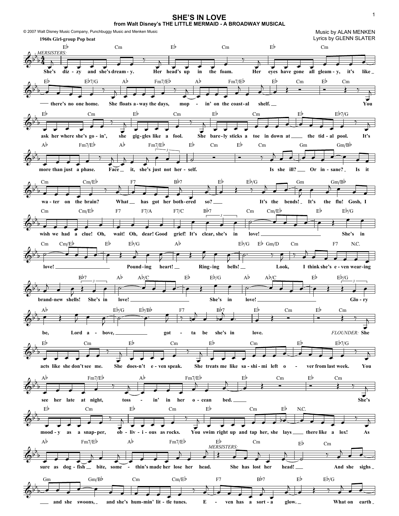 Download Alan Menken She's In Love Sheet Music and learn how to play Melody Line, Lyrics & Chords PDF digital score in minutes