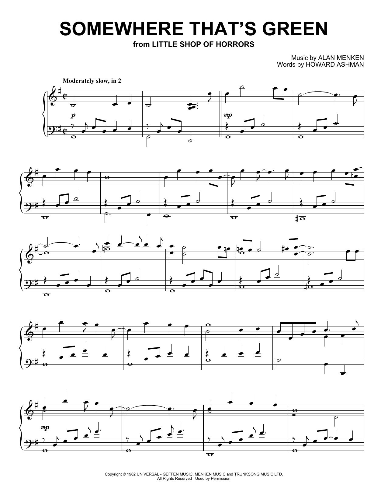 Download Alan Menken Somewhere That's Green (from Little Shop Of Horrors) (Peaceful Piano Solo) Sheet Music and learn how to play Piano Solo PDF digital score in minutes