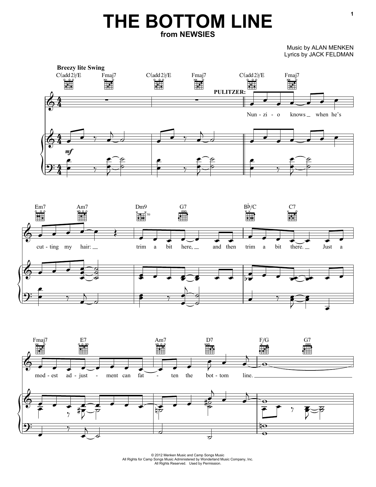Download Alan Menken The Bottom Line Sheet Music and learn how to play Piano, Vocal & Guitar (Right-Hand Melody) PDF digital score in minutes