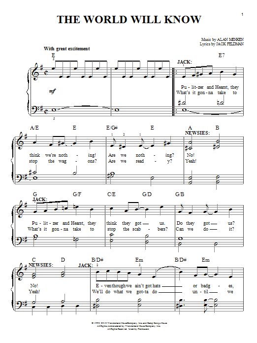 Download Alan Menken The World Will Know (from Newsies) Sheet Music and learn how to play Easy Piano PDF digital score in minutes