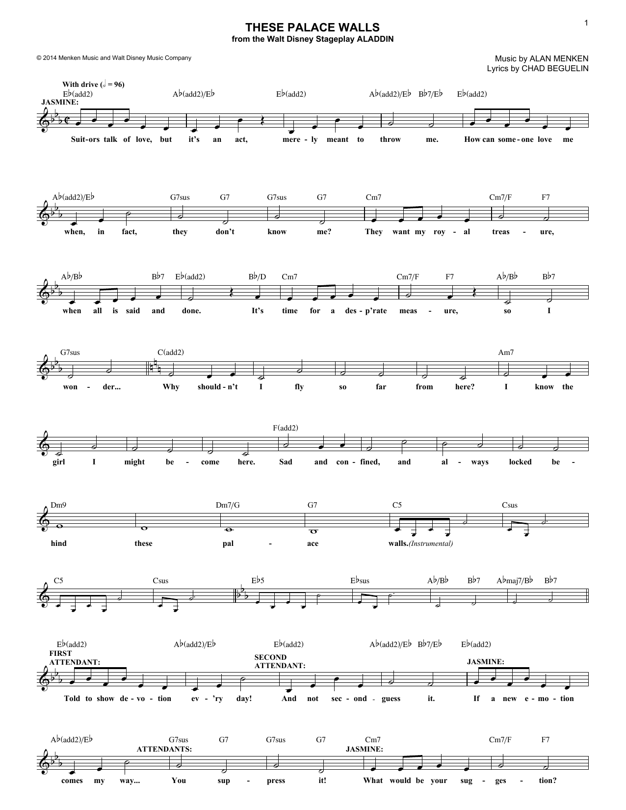 Download Alan Menken These Palace Walls Sheet Music and learn how to play Melody Line, Lyrics & Chords PDF digital score in minutes