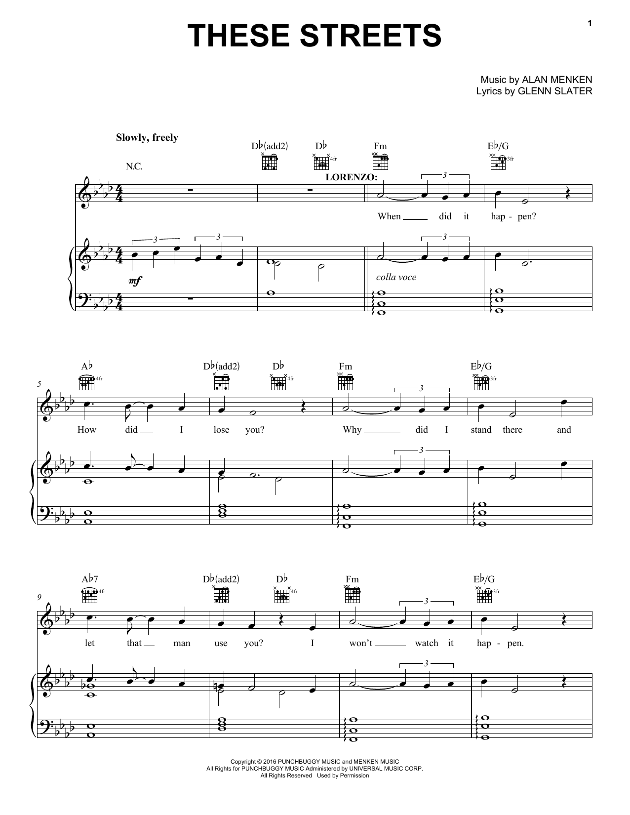 Download Alan Menken These Streets Sheet Music and learn how to play Piano, Vocal & Guitar (Right-Hand Melody) PDF digital score in minutes