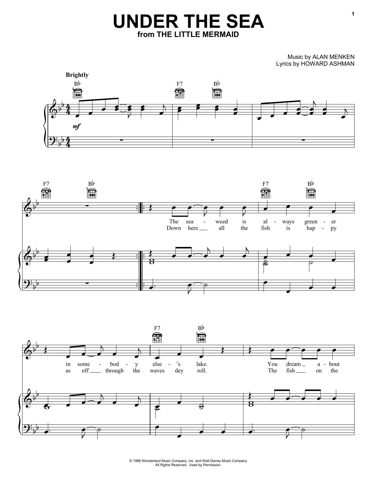 Download Alan Menken Under The Sea Sheet Music and learn how to play Easy Piano PDF digital score in minutes