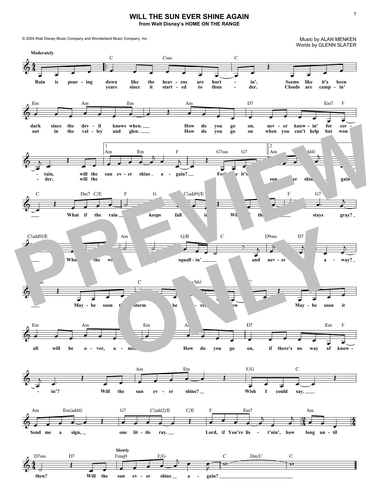 Download Alan Menken Will The Sun Ever Shine Again Sheet Music and learn how to play Melody Line, Lyrics & Chords PDF digital score in minutes