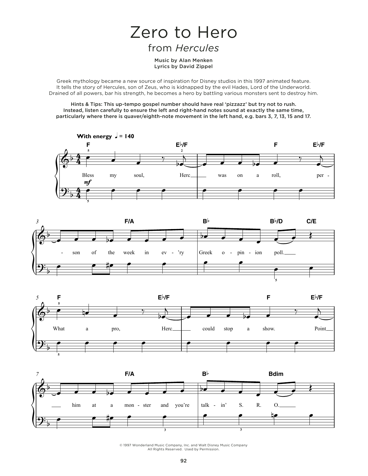 Download Alan Menken Zero To Hero (from Hercules) Sheet Music and learn how to play Really Easy Piano PDF digital score in minutes