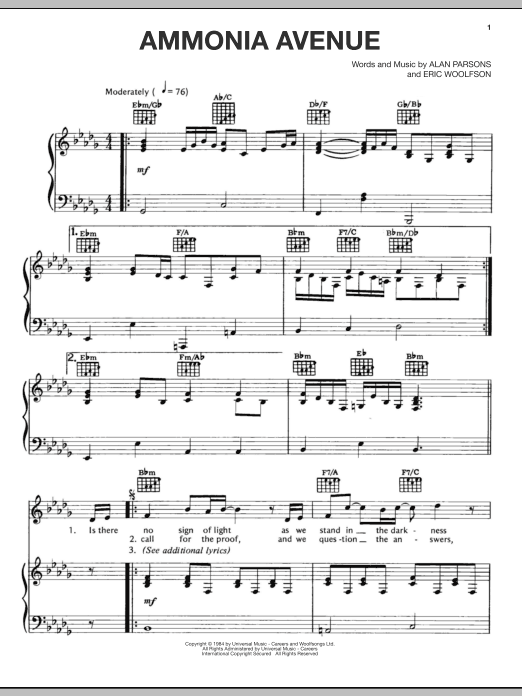 Download The Alan Parsons Project Ammonia Avenue Sheet Music and learn how to play Piano, Vocal & Guitar (Right-Hand Melody) PDF digital score in minutes