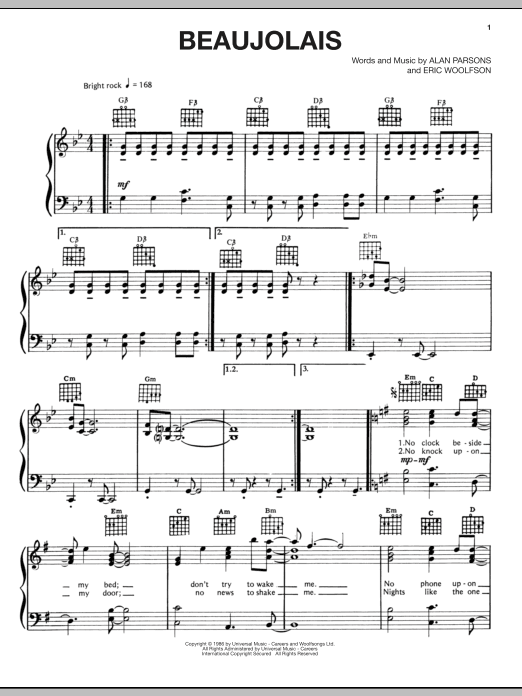 Download The Alan Parsons Project Beaujolais Sheet Music and learn how to play Piano, Vocal & Guitar (Right-Hand Melody) PDF digital score in minutes