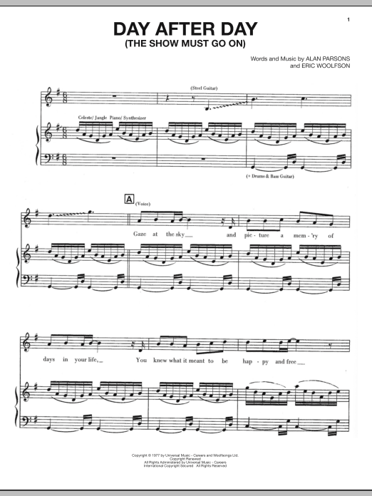 Download The Alan Parsons Project Day After Day (The Show Must Go On) Sheet Music and learn how to play Piano, Vocal & Guitar (Right-Hand Melody) PDF digital score in minutes