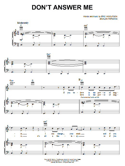 Download The Alan Parsons Project Don't Answer Me Sheet Music and learn how to play Piano, Vocal & Guitar (Right-Hand Melody) PDF digital score in minutes